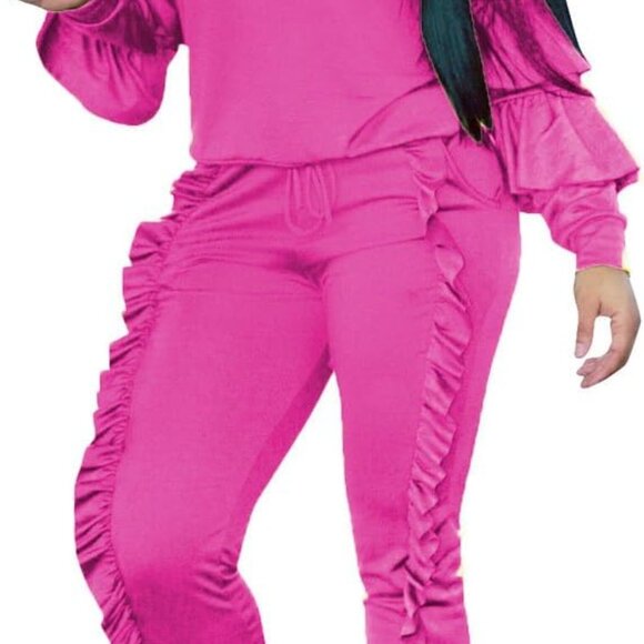 Elegant Women's Ruffle Sleeve Tracksuit Set - Comfy Rose Sweatshirt & Pants 3X - Picture 1 of 9